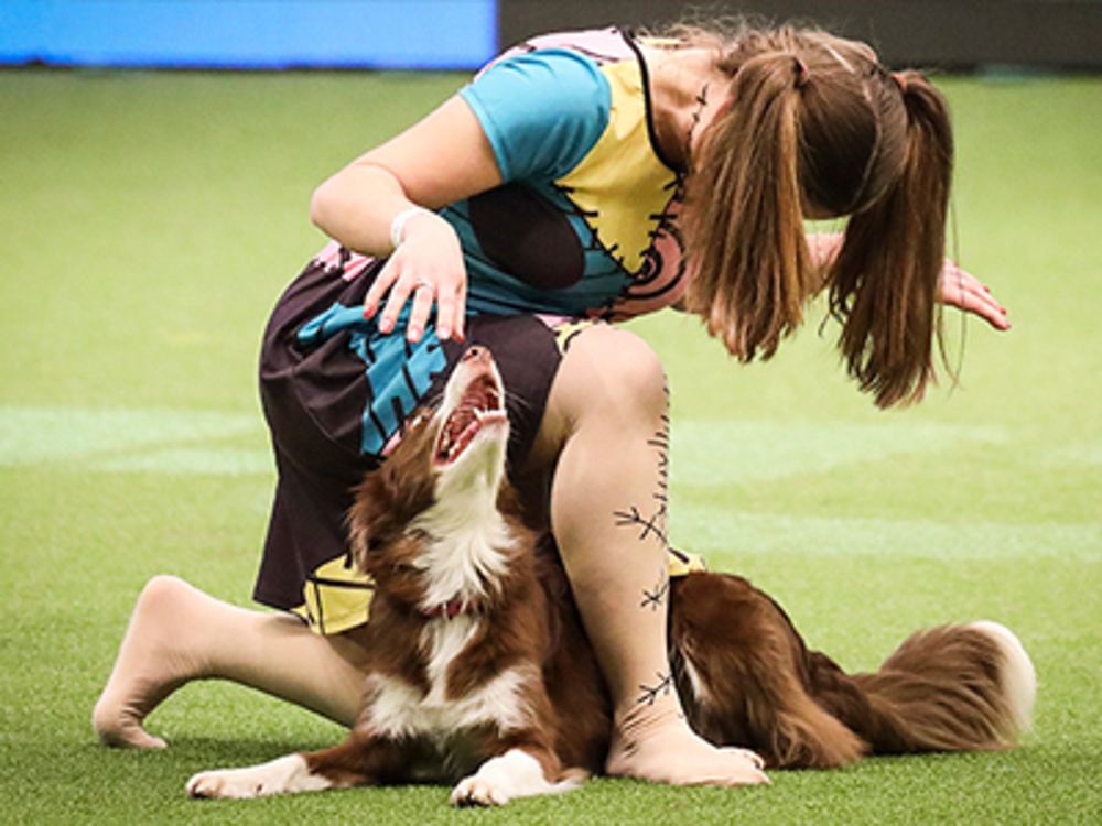 Girl kneeling while dog goes through leg