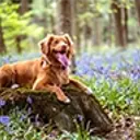 Brown Nova Scotia lying down on a tree stump surrounded by bluebells in a wood.
